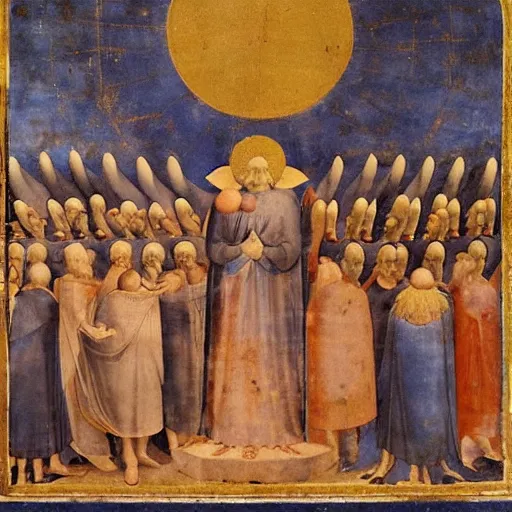 Image similar to Thelema God Morgante the Demon stands above the small townfolk leering with enormous eye fresco by giotto