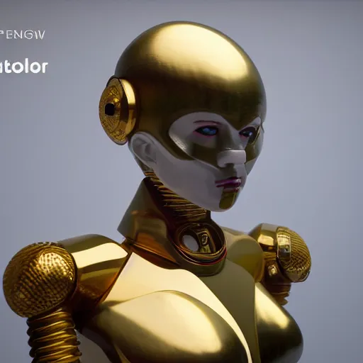 Image similar to octane render, a complex high poly cinematic 3 d model of a giant robotic android woman made out of white porcelain with complex golden inlays, jewel tone glowing eyes, fiber optic hair, inside a black and gold rococo palace, 8 k, unreal enging, cinema 4 d, cinematic angle