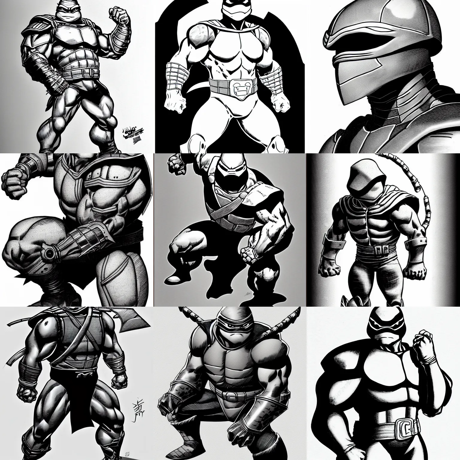 Prompt: anthropomorphic ninja turtle!!! jim lee!!! sideview full shot!! flat ink sketch grayscale by jim lee close up in the style of jim lee, ( attention pose ) cyborg! battle armor rugged knight hulk toad animal superhero by jim lee