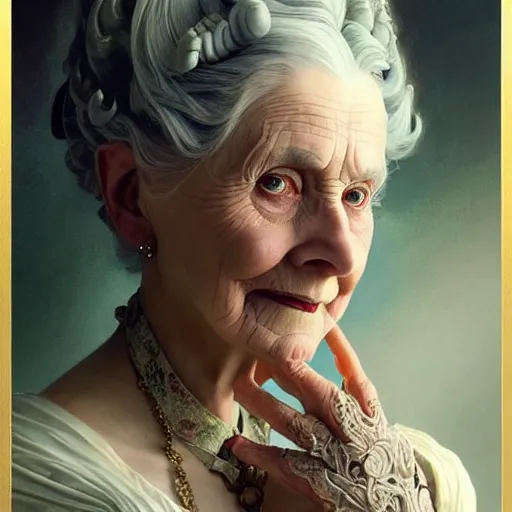 Image similar to portrait painting of an extremely fancy elderly woman with a devious expression, gaslamp fantasy, victorian, ultra realistic, concept art, intricate details, eerie, highly detailed, photorealistic, octane render, 8 k, unreal engine. art by artgerm and greg rutkowski and charlie bowater and magali villeneuve and alphonse mucha