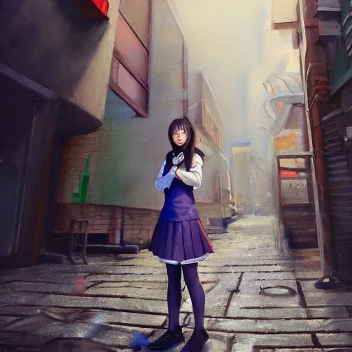 Image similar to a perfect, hyperrealistic professional oil painting of a Japanese schoolgirl posing in a dystopian alleyway, style of Marvel, full length, by a professional American senior artist on ArtStation, a high-quality hollywood-style concept