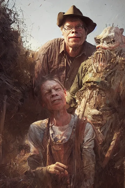 Prompt: stephen king as hillbilly farmer, village, intricate, highly detailed, smooth, artstation, digital illustration by Ruan Jia and Mandy Jurgens and Artgerm and Wayne Barlowe and Greg Rutkowski and Zdislav Beksinski