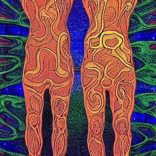 Image similar to dmt bodies. Mesh of human figures intertwined. earthen colors.