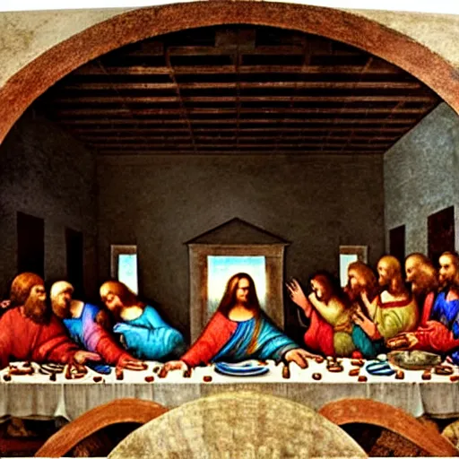 Image similar to last supper by leonardo da vinci bit with pizza