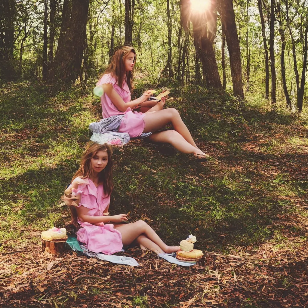 Prompt: a girl sitting in a forest, girl eating a piece of cake, sunny day, windy day, girl with clear beautiful face