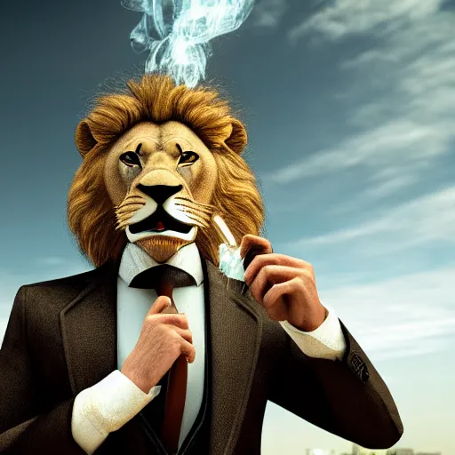 Image similar to a lion smoking a cigar wearing a suit, subject= lion, subject detail: wearing a suit, subject action: smoking a cigar, dramatic lighting, cinematic lighting, establishing shot, photorealistic, high details, cinematic, 8k resolution, extremly detailed, photorealistic, artstation, unreal engine