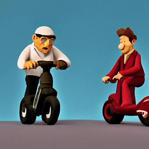 Prompt: a claymation figure of a man on a scooter