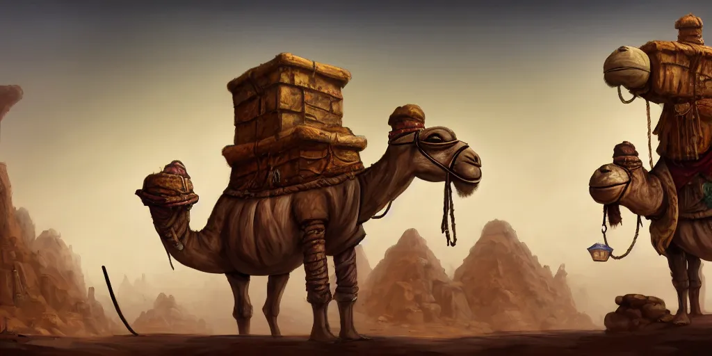 Image similar to an anthropomorphic camel that is a merchant, village trader, caves of qud, matte oil painting, retrofuturistic, concept art, science fantasy, post - apocalyptic, mutant, rpg, epic, rust, salt, plants, dungeons & dragons, toxic, sharp focus, award - winning, extremely detailed, 4 k, 8 k