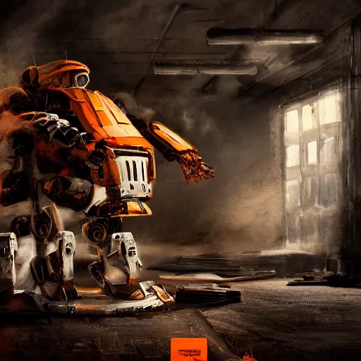 Image similar to head of toaster oven mecha, dark messy smoke - filled cluttered workshop, dark, dramatic lighting, orange tint, cinematic, highly detailed, sci - fi, futuristic, movie still