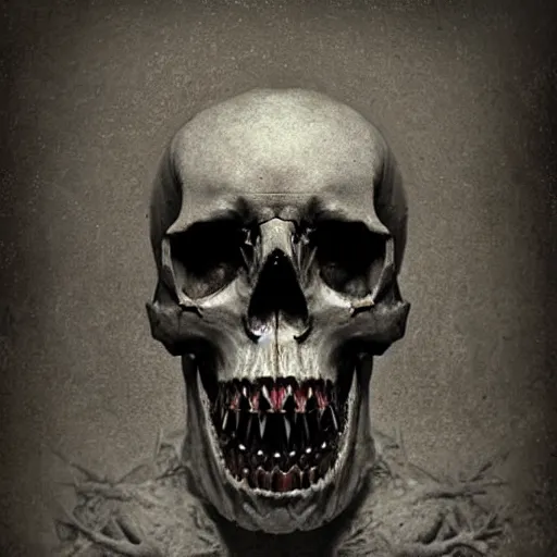 Image similar to a skull with incredibly long sharp teeth, detailed, cgi, dark atmosphere, horror, by gustave dore, by emil melmoth, trippy, epic, symmetrical - h 8 3 3