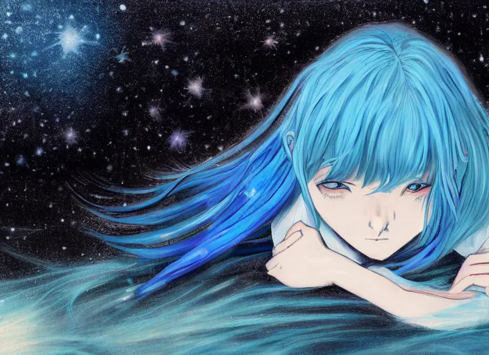 Image similar to a woman with blue hair laying on the ground with her head down, a detailed painting by rei kamoi, featured on pixiv, space art, official art, anime, toonami