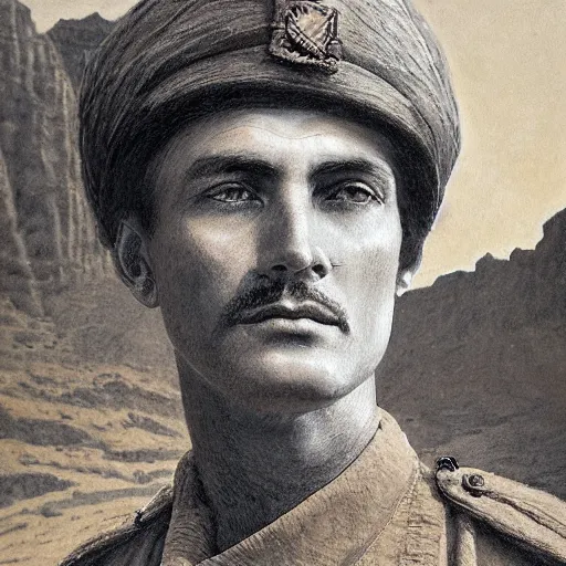 Image similar to a detailed photorealistic sepia - toned color portrait painting of a 1 9 1 7 worried clean - shaven british lieutenant in detailed field gear wearing a finely - detailed pith helmet in wadi rum, ultra realistic, intricate details, atmospheric, dark, horror, brooding, highly detailed, by clyde caldwell