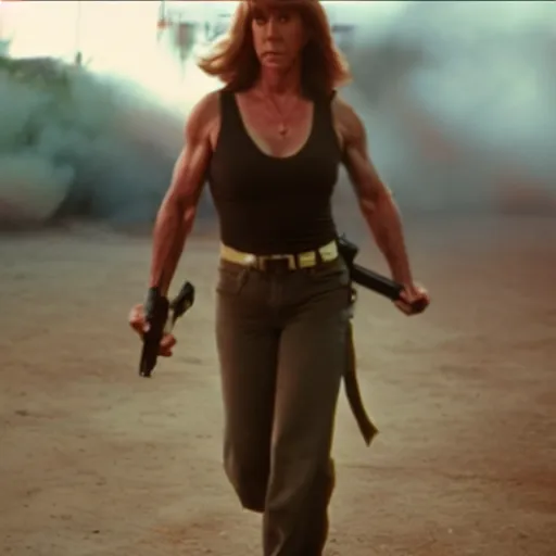 Prompt: cinematic shot of female Chuck Norris walking towards the camera with explosions in the background