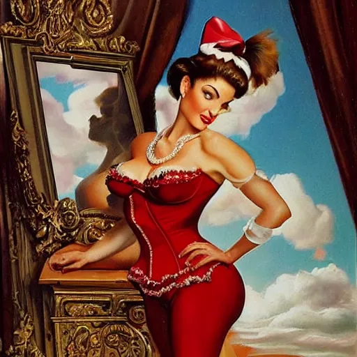 Prompt: stephanie seymour dressed in pin up style, ultra detailed, beautiful, proportional, by greg hildebrandt fancy rococo baroque oil painting high quality clothed in fancy garb in pin up style