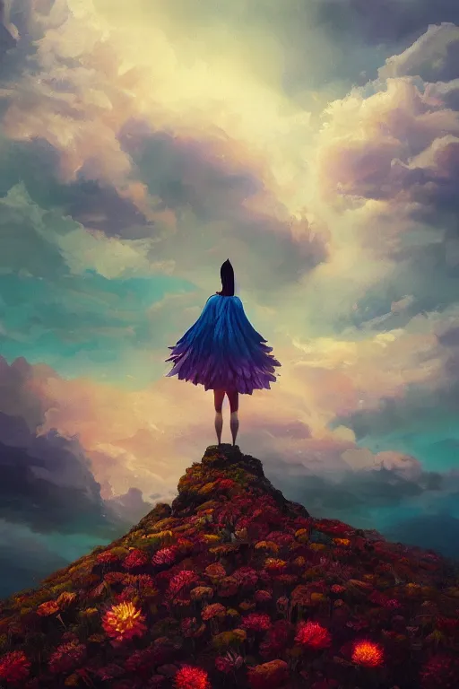 Image similar to closeup giant dahlia flower as head, girl standing on mountain, surreal photography, blue storm clouds, dramatic light, impressionist painting, digital painting, artstation, simon stalenhag