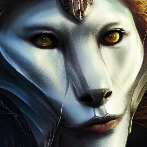 Image similar to Very very very very highly detailed epic zoom out photo of full face with lion venetian mask, intricate, dystopian, sci-fi, extremely detailed, digital painting, artstation, concept art, smooth, sharp focus, illustration, intimidating lighting, incredible art by Artgerm and Vincent di Fate and WLOP