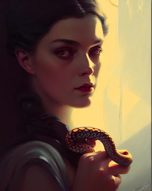 Image similar to stylized portrait of an artistic pose, composition, young victorian sad fancy lady, surrounded by snakes, cinematic moody colors, realistic shaded, fine details, realistic shaded lighting poster by ilya kuvshinov, magali villeneuve, artgerm, jeremy lipkin and michael garmash and rob rey
