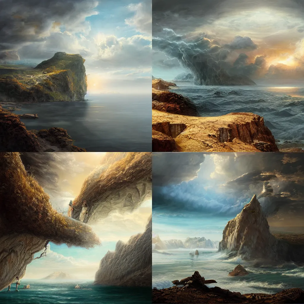 Prompt: illustration of the edge of the world, realistic painting, classical painting, high definition, digital art, matte painting, very detailed, realistic