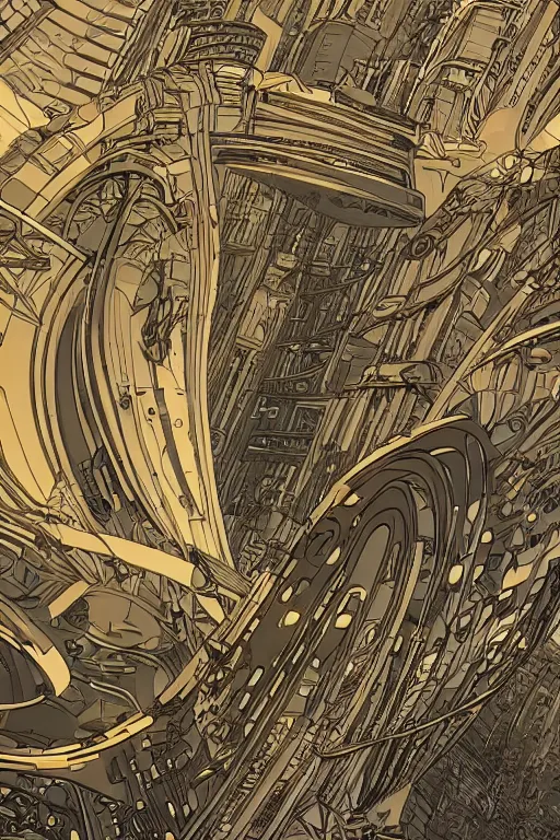 Image similar to gold and silver tones, cybernetic village on the outskirts of the universe, style of moebius, james jean, mcbess, cinematic, low detail, award winning, 8 k photorealistic