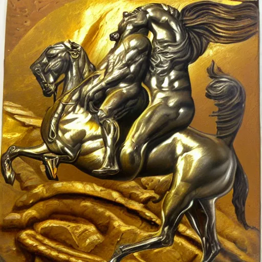 Image similar to oil painting of Golden Spear by Szukalski