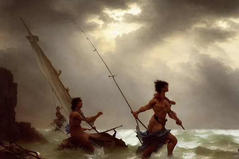 Image similar to ancient historically accurate depiction of Bible Character walking on water during a storm, a small fishing sailboat with scared sailors on board, dramatic lighting by frank miller, illustration by Ruan Jia and Mandy Jurgens and William-Adolphe Bouguereau, Artgerm, 4k, digital art, surreal, space dandy style, highly detailed, godsend, artstation, digital painting, concept art, smooth, sharp focus, illustration by Ruan Jia and Mandy Jurgens and William-Adolphe Bouguereau, Artgerm