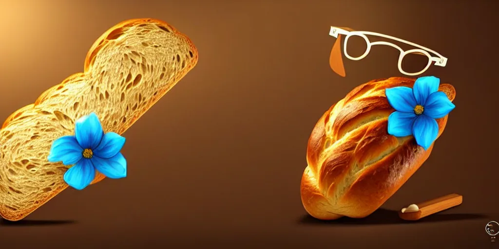 Image similar to epic professional digital art of a bread toast!!! wearing 👓!!!! and a blue flower!!!!, best on artstation, cgsociety, much detail, much wow, masterpiece