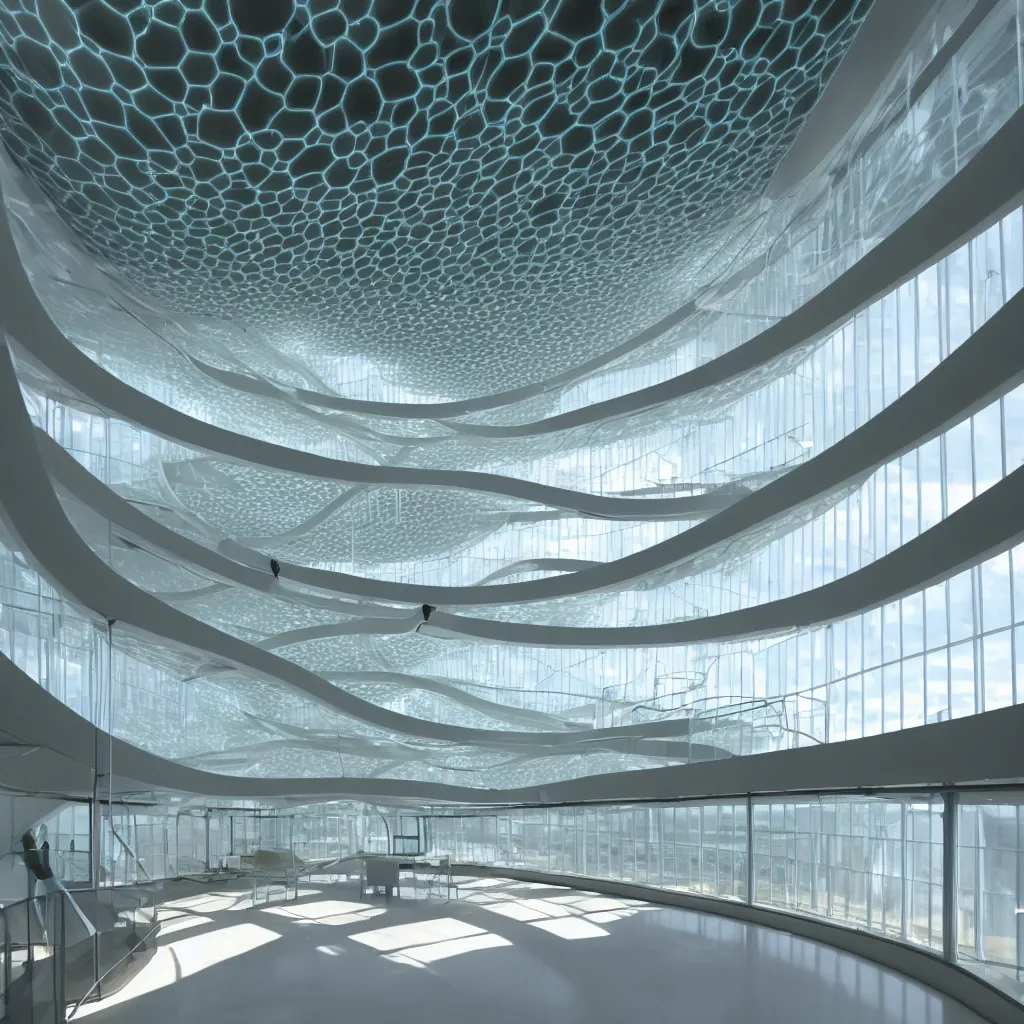 Prompt: a sci fi algae research laboratory with glass large tubes hanging from ceiling, curvilinear smooth interiors designed by toyo ito architect, volumetric light, highly detailed, unreal engine, futuristic building