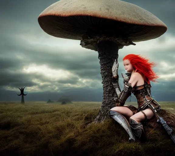 Image similar to a photo of an armored woman warrior redhead with antlers sitting facing backwards on a giant mushroom that covers a whole village and reaches above the clouds by luis royo. intricate. lifelike. soft light. sony a 7 r iv 5 5 mm. cinematic post - processing