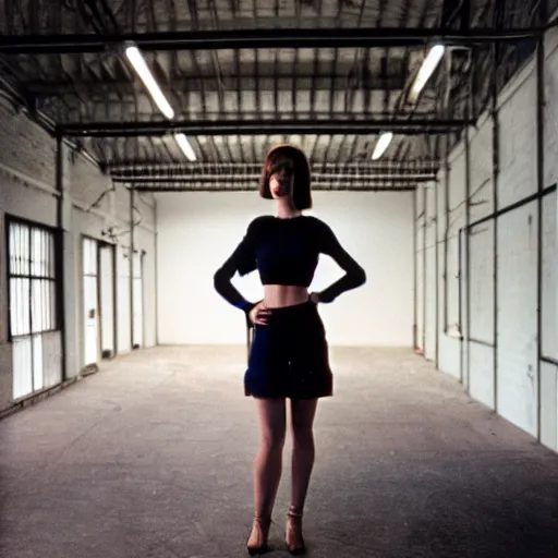 Image similar to empty warehouse room with a lone fashionable mannequin girlfriend in front of the camera cinestill 7 0's film