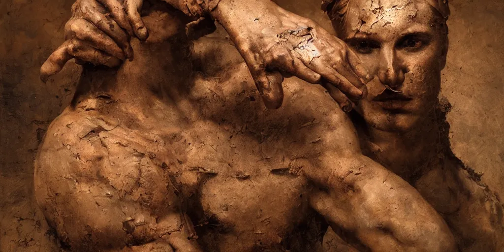 Prompt: highly detailed photography of a men made of rust clay, big rocks, hand gesture, sharp focus, clay texture, dramatic scene, aesthetic, dynamic lighting, elegant, harmony, masterpiece, by roberto ferri, high quality, spatula