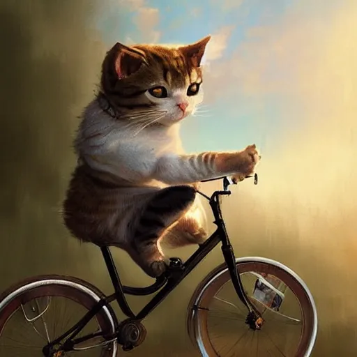 Image similar to head and shoulders masterpiece portrait of cute cat riding a bicycle, surreal background, digital art by Krenz Cushart, trending on artstation, cgsociety,