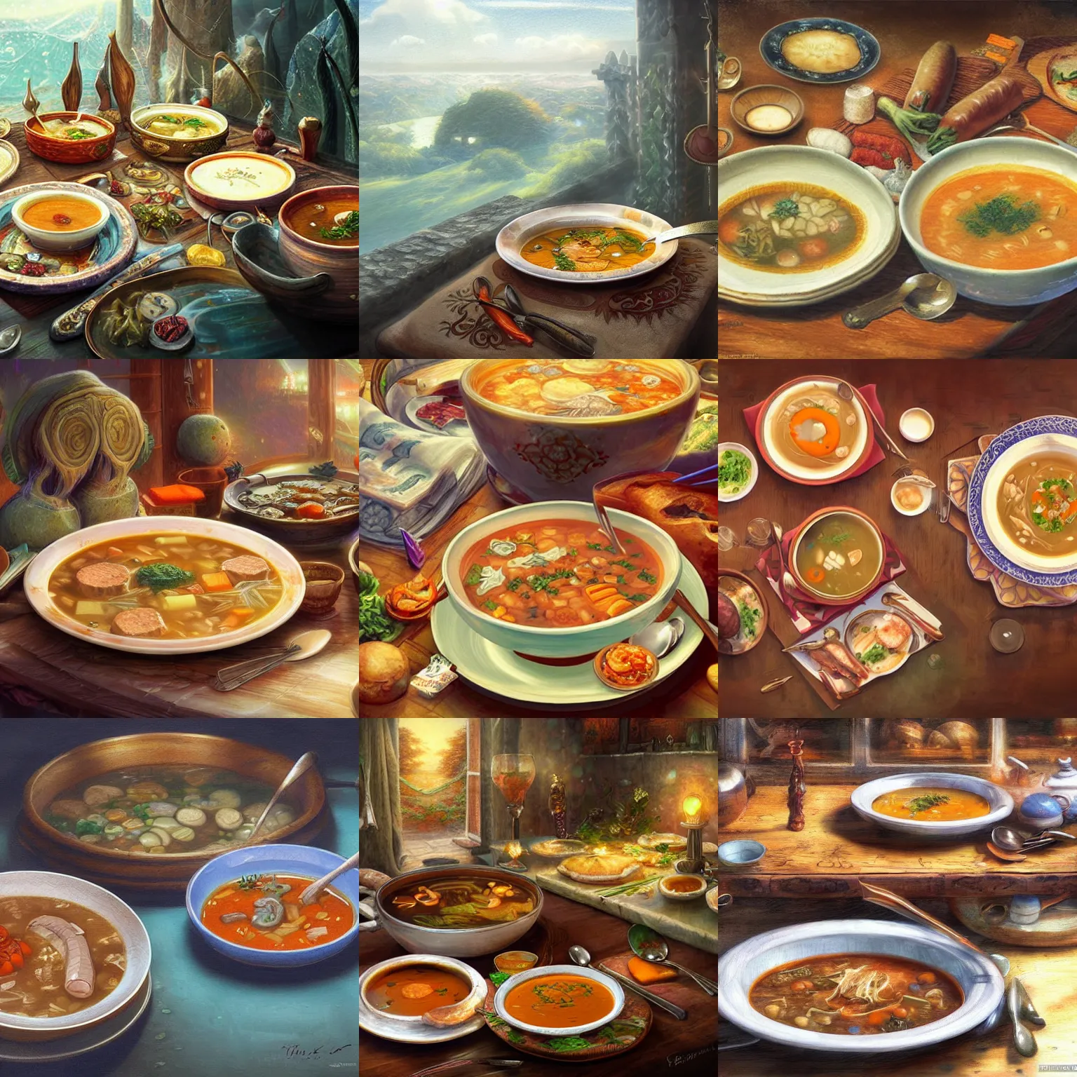Prompt: table with a plate filled with soup, in the soup there is vegetables and two sausages, fantasy art, fantasy, anime, food focus, magic, highly detailed, by mokoto shinkai, by thomas kinkade, by wlop,