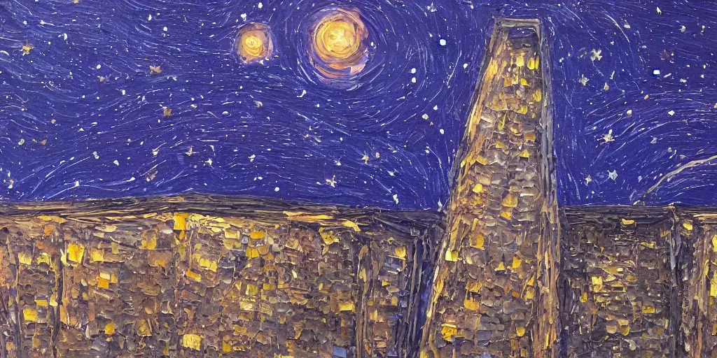 Prompt: stary night painting, norman foster tower, house, city