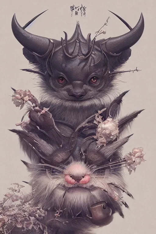 Image similar to a portrait of a cute japanese devil animal illustrated by miyazaki by karol bak, james jean, tom bagshaw, rococo, sharp focus, trending on artstation, cinematic lighting, hyper realism, octane render, 8 k, hyper detailed, vivid, ultra detailed, highly detailed