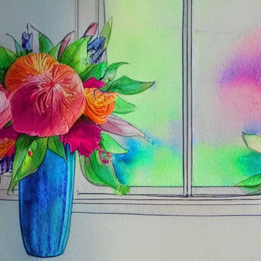 Prompt: a fancy vase with a colorful and beautiful flower arrangement by the fancy window. very stylize and delicate watercolor and pencil drawing. colors splashes. stains. 3 d. beautiful lighting, 4 k post - processing, trending in art station, cg society, view from far.