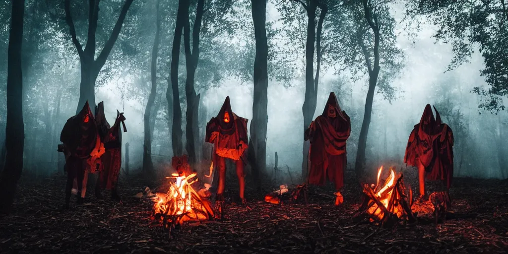 Image similar to forest hermits wearing scary wooden masks preparing a ritual around a wildly lit campfire in an ominous forest at night, photography