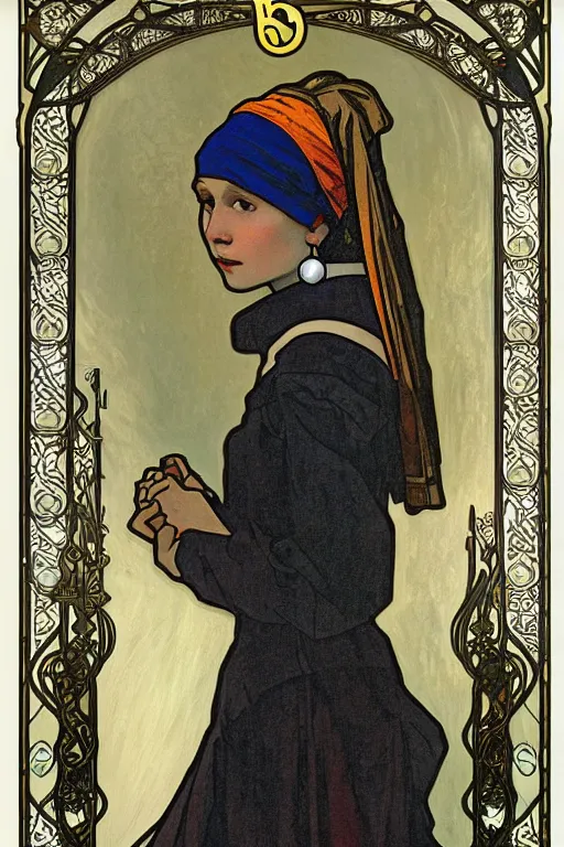 Image similar to A Girl with a pearl earring by Alphonse Mucha, full body,detailed,Art Nouveau, Neo-Gothic, gothic, rich deep moody colors background.