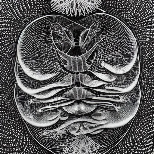 Prompt: a black and white drawing of a variety of sea life, a microscopic photo by ernst haeckel, zbrush central, kinetic pointillism, bioluminescence, intricate patterns, photoillustration