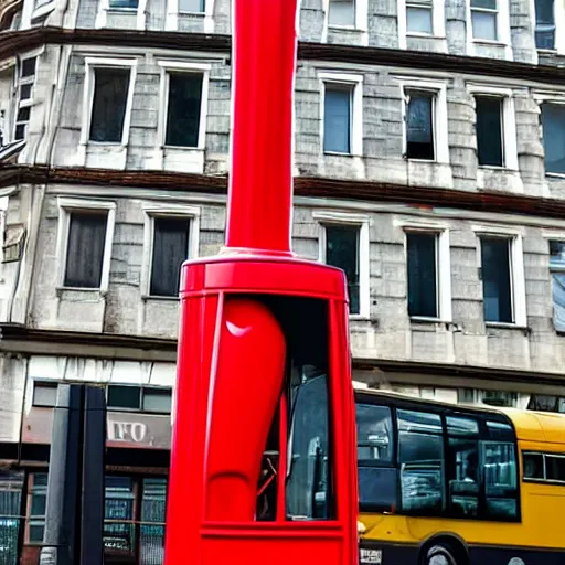 Image similar to a giant statue of a red plunger with a wooden shaft in the center of london. a london bus in the background.