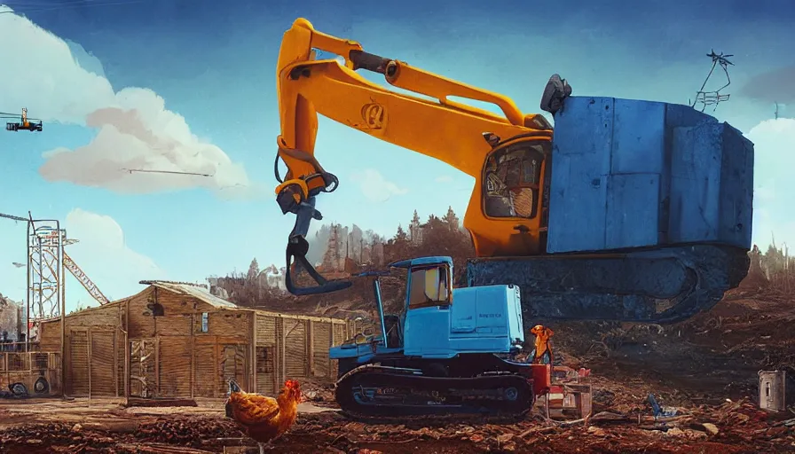 Image similar to a bulldozer accidently knocking over a chicken coop in the style of goodnight goodnight construction site, matte painting, art station, blue sky, simon stalenhag