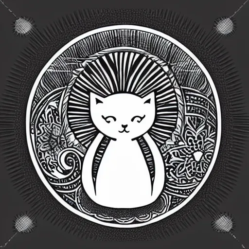 Prompt: tattoo sketch of a cat hugging the sun, on a canva, minimalism, ornamental, line art, vector,