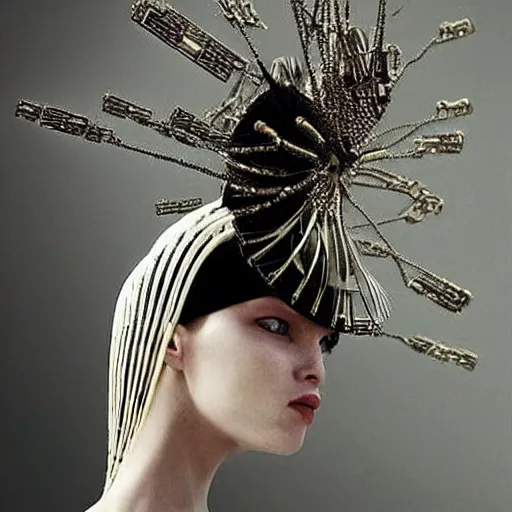 Image similar to a woman with a weird head piece on her head, a flemish Baroque by Alexander McQueen, trending on pinterest, panfuturism, made of paperclips, made of insects, made of feathers,