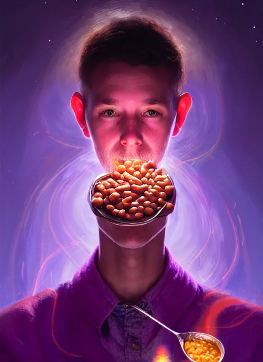 Prompt: portrait of a wizard eating baked beans and casting magical spells with rainbow energy, intricate, elegant, purple, glowing lights, highly detailed, digital painting, artstation, concept art, smooth, sharp focus, illustration, art by wlop, mars ravelo and greg rutkowski