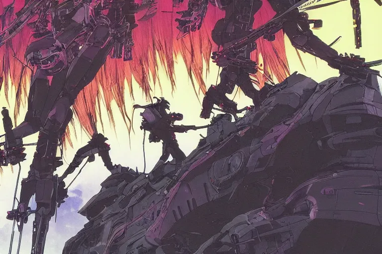 Image similar to boomers from bubblegum at dusk, a color illustration by tsutomu nihei, makoto kobayashi and sh? ji kawamori