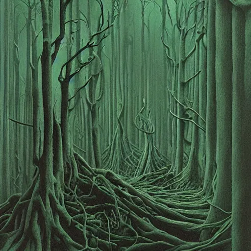 Prompt: witches'hovel. twisted, dark forest. zdzisław beksinski. surreal architecture, bizzare landscape, precisionism, sickly green color scheme.