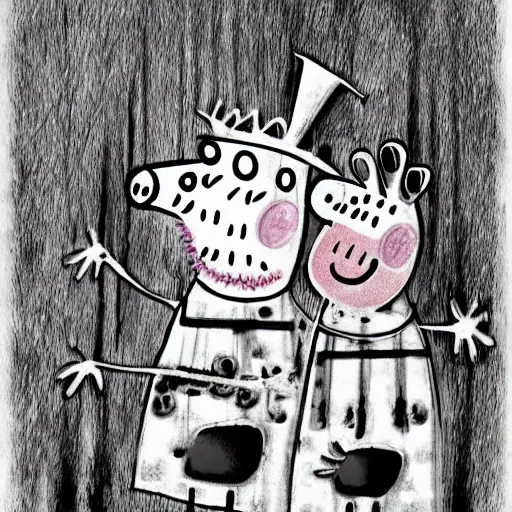 Prompt: Peppa Pig in Stephen Gammell style, evil, high detail, monochrome, Scary Stories