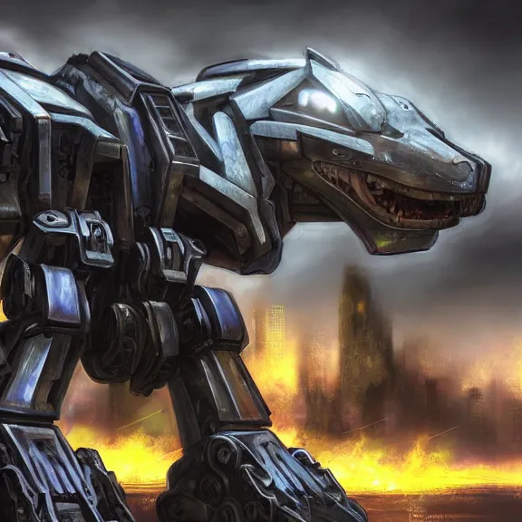 Image similar to hyper realistic, epic, highly detailed cinematic full body shot of a gigantic feral mecha canine, sharp metal claws, cannon mounted on back, sleek armor, glowing visor, destroying city, digital art, furry art, macro art, dragon art, zoids art, furaffinity, deviantart, sofurry