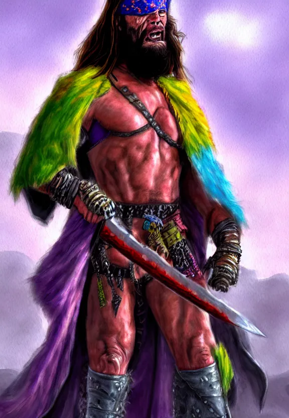Image similar to a solitary macho man randy savage wearing a colourful heavy cloak alone full body rocky desolate wasteland | portrait | fantasy impressionist watercolour painting | matte painting | matte drawing | middle earth | pathfinder | featured on artstation deviant art | sword and sorcery | pintrest | conan | darksun | d & d dungeons and dragons | barbarian