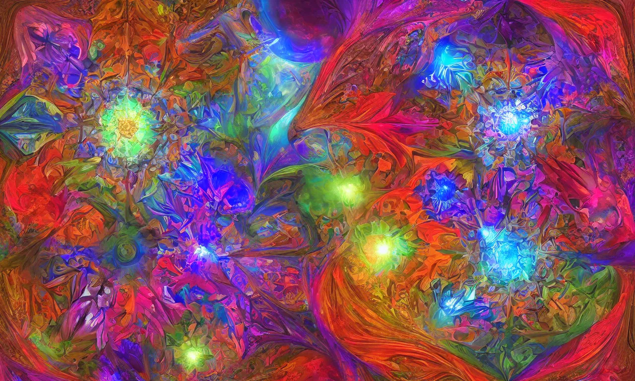 Image similar to voronoi engine laboratory 3 d volume kaleidoscope mandala fractal chakra digital multicolor stylized concept substance by artgerm, rossdraws, norman rockwell, magali villeneuve, gil elvgren, alberto vargas, earl moran, enoch bolles radiating a glowing aura global illumination ray tracing hdr