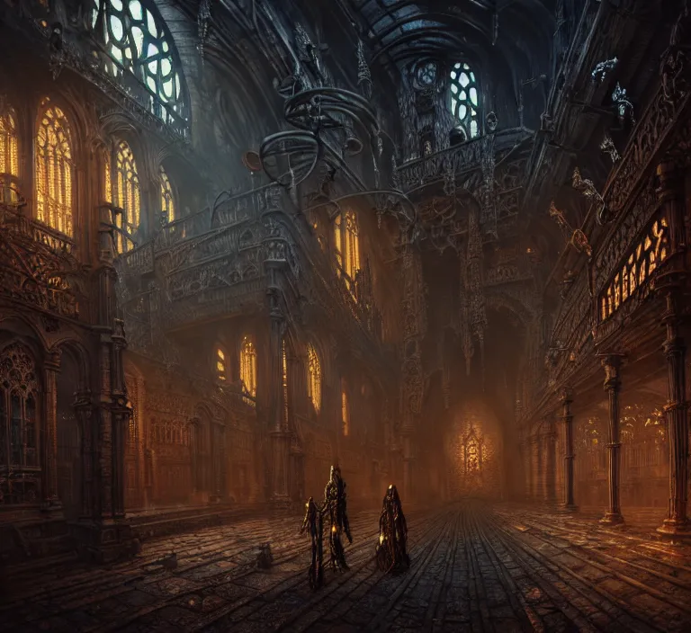 Image similar to steam necropolis, memento mori, gothic, neo - gothic, art nouveau, hyperdetailed copper patina medieval icon, stefan morrell, philippe druillet, ralph mcquarrie, concept art, steampunk, unreal engine, detailed intricate environment, octane render, moody atmospherics, volumetric lighting, ultrasharp, ominous, otherworldly